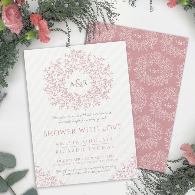 Invitation Couple monogramme en feuille rose pâle (Créateur téléchargé)