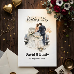 Invitation Couple Romantique "Jeunes Mariés" & Voiture Ancien