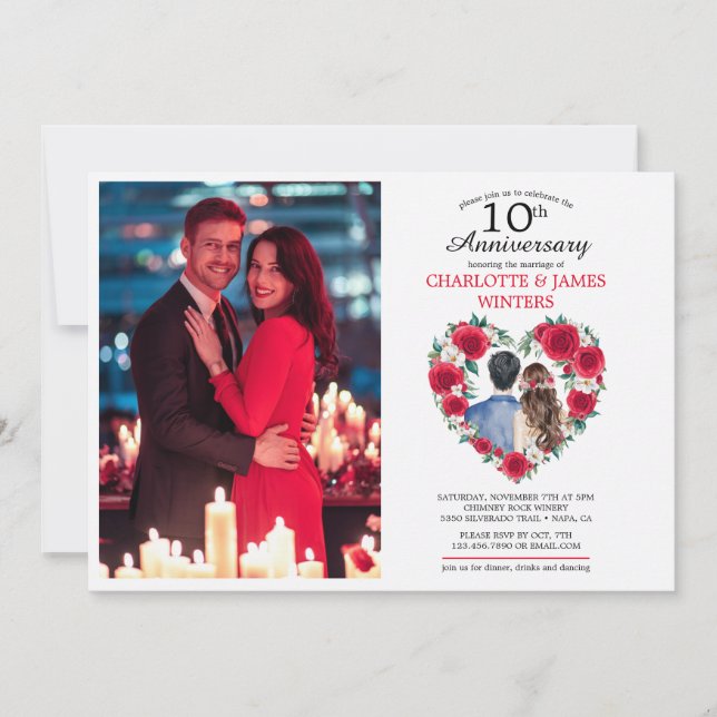 Invitation Couple Rose aquarelle 10e anniversaire Mariage (Devant)