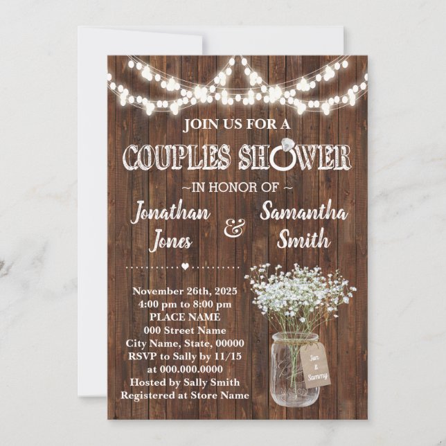 Invitation Couple rustique douche pays grange mariage (Devant)