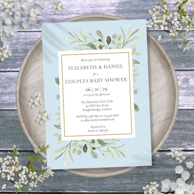 Invitation Couples Baby shower Bleu Eucalyptus Vert (Couples Baby Shower Blue Eucalyptus Greenery Invitation)