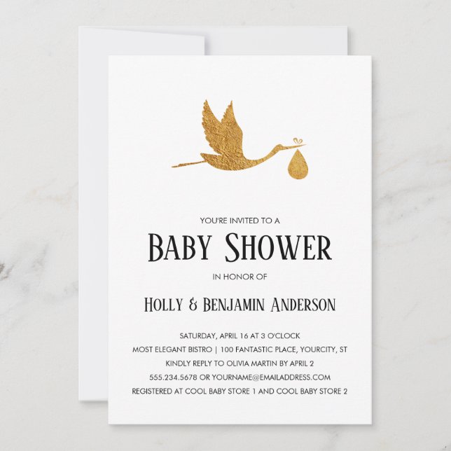 Invitation Couples Baby shower Faux Gold Foil Stork avec/Bund (Devant)
