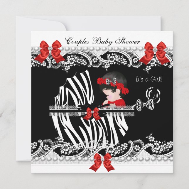 Invitation Couples Baby shower Girl Zebra Red Lace Noir (Devant)