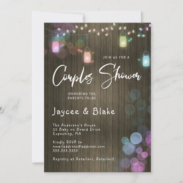 Invitation Couples Baby shower Mason Jar Twinkle Lumières (Devant)