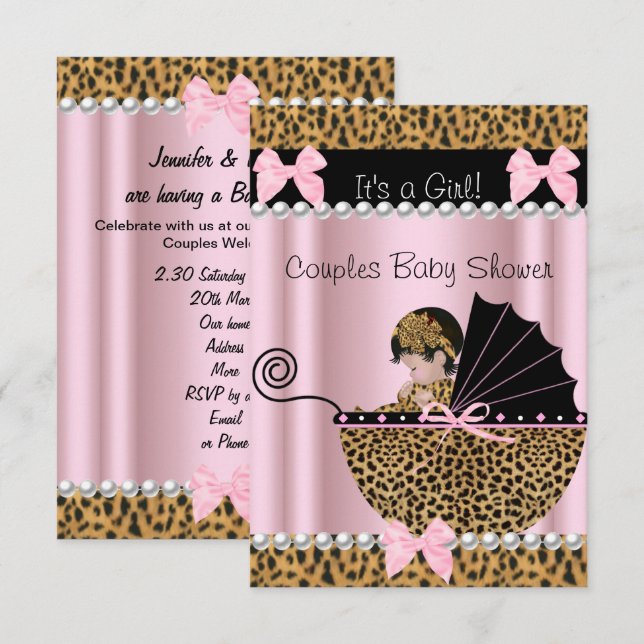 Invitation Couples Baby shower mignonne fille léopard rose (Devant / Derrière)