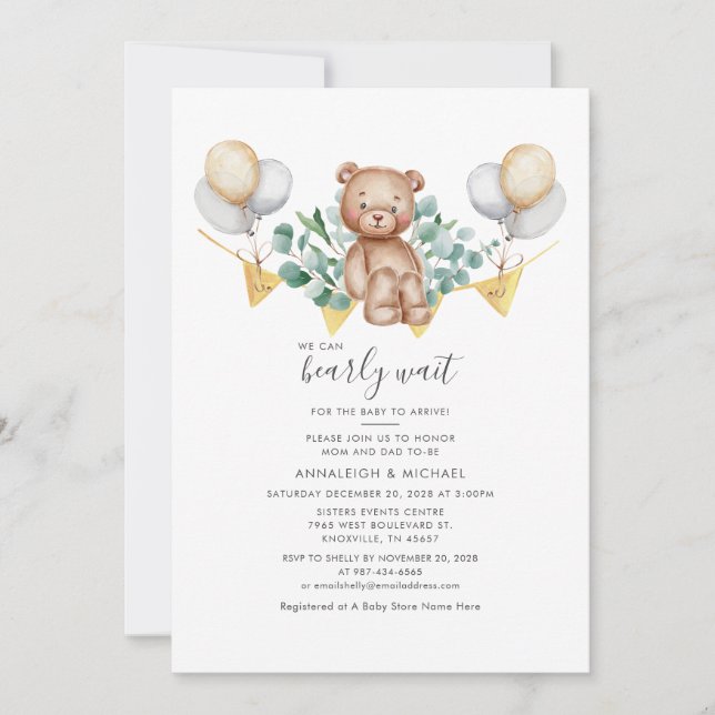 Invitation Couples Baby shower Ours Animal Eucalyptus Foliage (Devant)