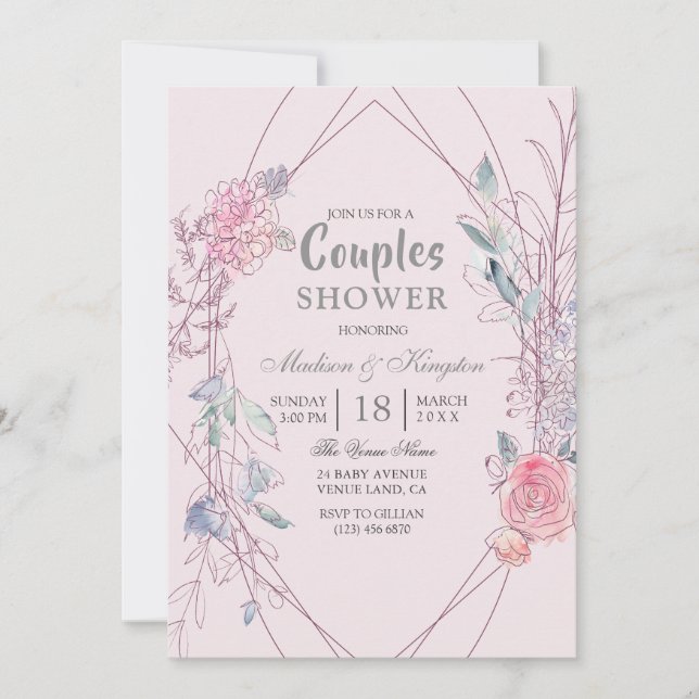 Invitation Couples de courroie fleurie rose et gris (Devant)
