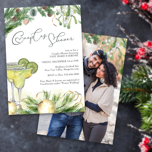 Invitation Couples d'hiver Douche Margarita Mistletoe Photo (Winter Couples Shower invitation with margarita cocktails, pine and mistletoe
)