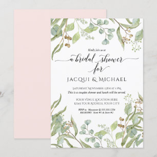 Invitation Couples Douche Aquarelle Eucalyptus Vert rose