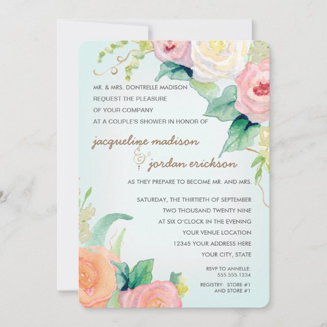 Invitation Couples Douche Aquarelle Floral Roses Aqua Blue (Devant)