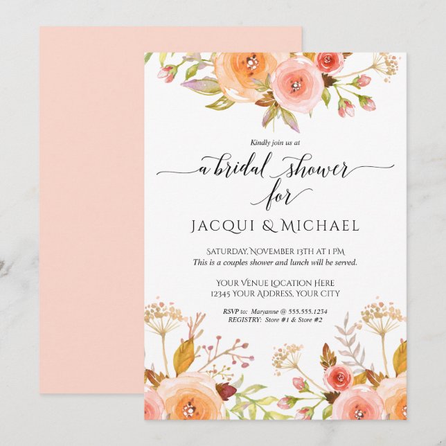 Invitation Couples Douche Aquarelle rose Floral Rose Bouquet (Devant / Derrière)