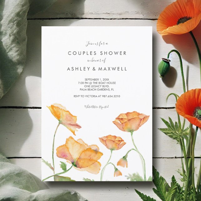 Invitation Couples Douche Orange Floral Aquarelle Poppies (Couples shower invitations watercolor orange poppy flowers by Victoria Grigaliunas Do Tell A Belle)