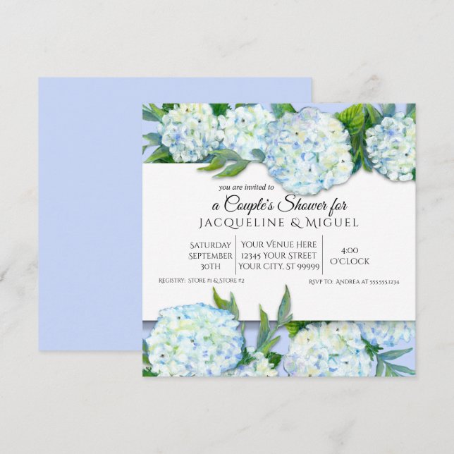 Invitation Couples Douche Périwinkle n Blanc Hydrangea Floral (Devant / Derrière)