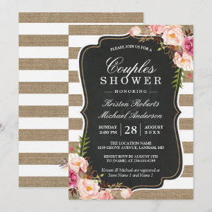 Invitation Couples Douche Rustique Chic Burlap Stripes Floral