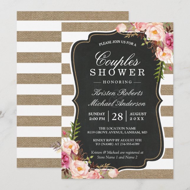 Invitation Couples Douche Rustique Chic Burlap Stripes Floral (Devant / Derrière)