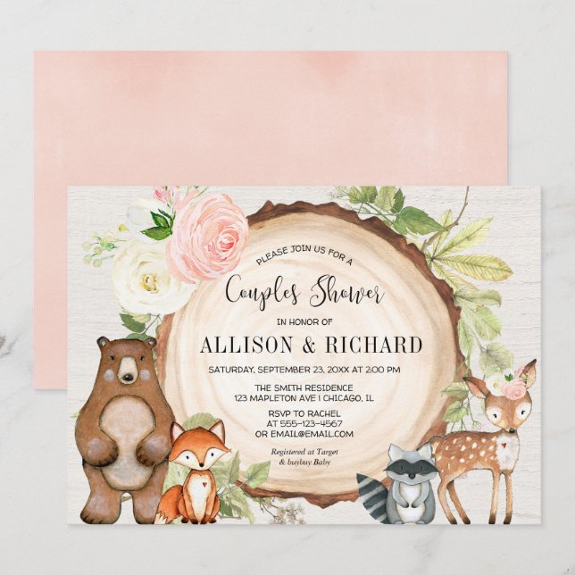 Invitation Couples fille baby shower boisé fleuri rustique (Devant / Derrière)