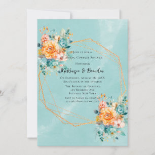 Invitation Couples Mariage Turquoise et Orange Peony