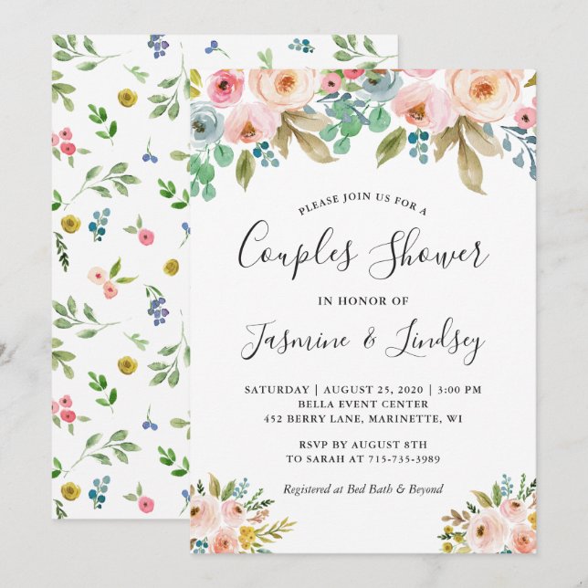 Invitation Couples Mariages Floraux sophistiqués Douche (Devant / Derrière)
