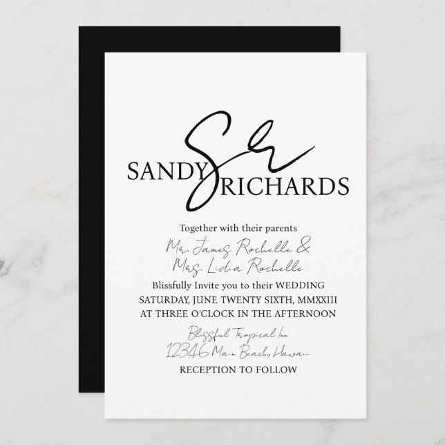 Invitation Couples Monogramme noir blanc Mariage de script (Devant / Derrière)