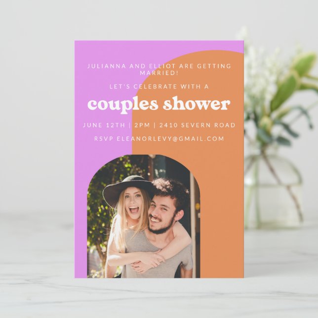 Invitation Couples photo rétro rose et orange mignonne Douche (Debout devant)