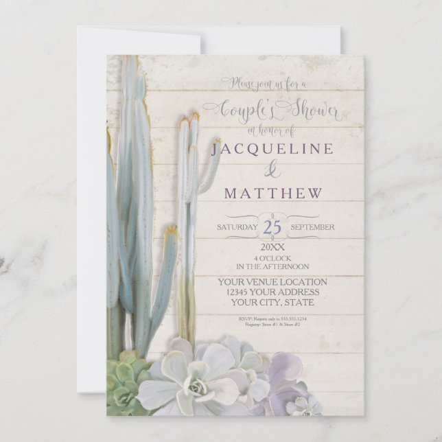 Invitation Couples Shower Desert Cactus Succulent Wood Art (Devant)
