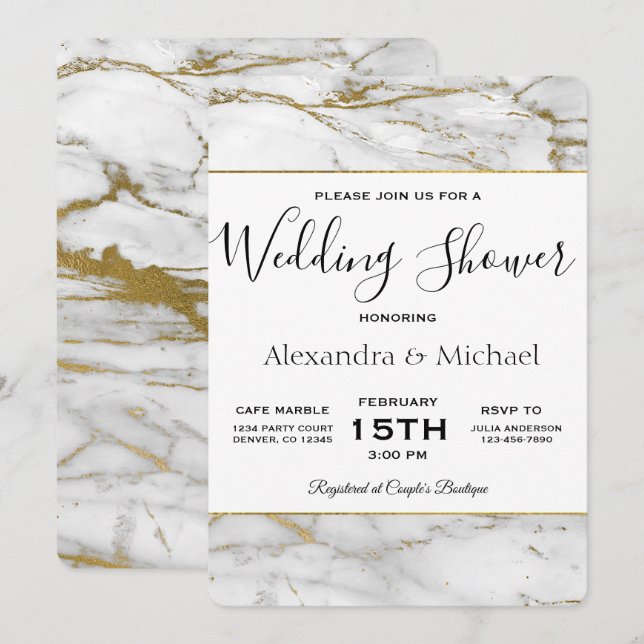 Invitation Couple's Shower White & Gold Marble (Devant / Derrière)
