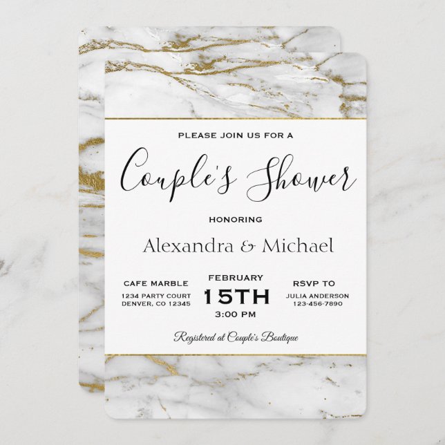 Invitation Couple's Shower White & Gold Marble (Devant / Derrière)