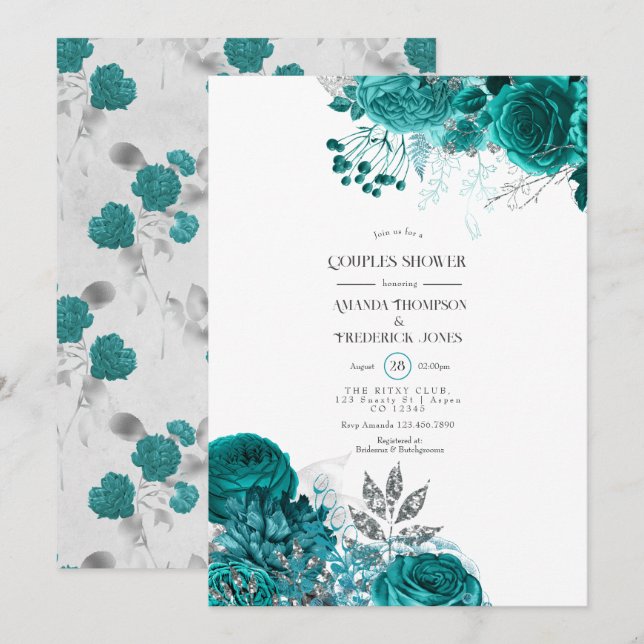 Invitation Couples turquoises et Silver Floral Douche (Devant / Derrière)
