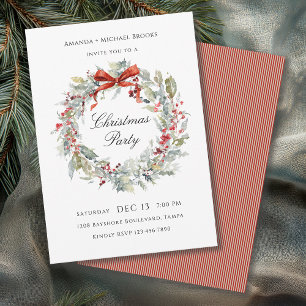 Invitation Couronne aquarelle ruban rouge fête de Noël
