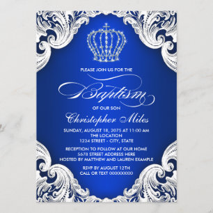 Invitation Couronne Bleu Royal Baptême Garçon