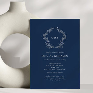 Invitation Couronne botanique bleue marine Mariage classique