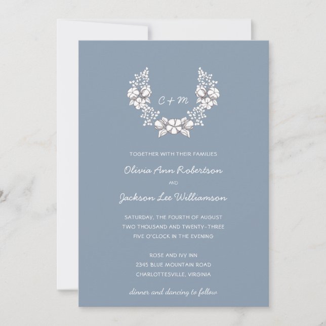 Invitation Couronne botanique | Dusty Blue Floral Mariage (Devant)