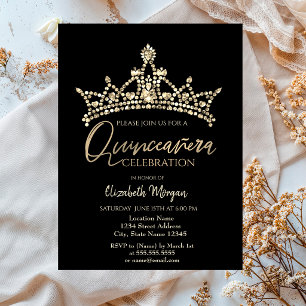 Invitation Couronne chic confettis noir Quinceañera