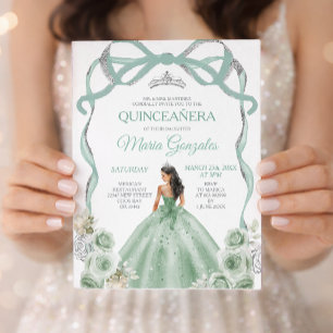 Invitation Couronne d'argent de princesse à nœud vert sauge Q