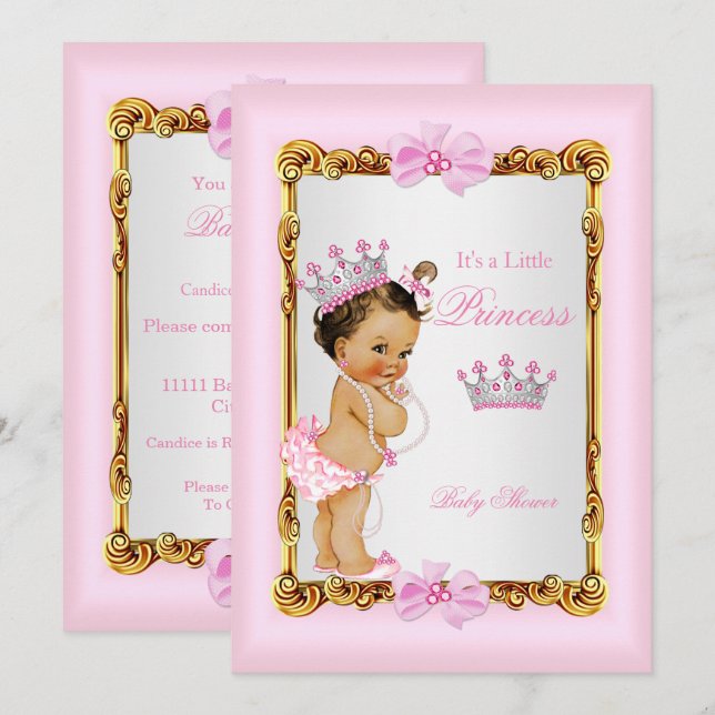 Invitation Couronne de Baby Shower Princesse Or Rose Perles (Devant / Derrière)