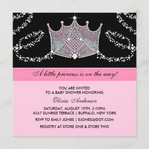 Invitation Couronne de bébé fille rose et noire pour l'annive