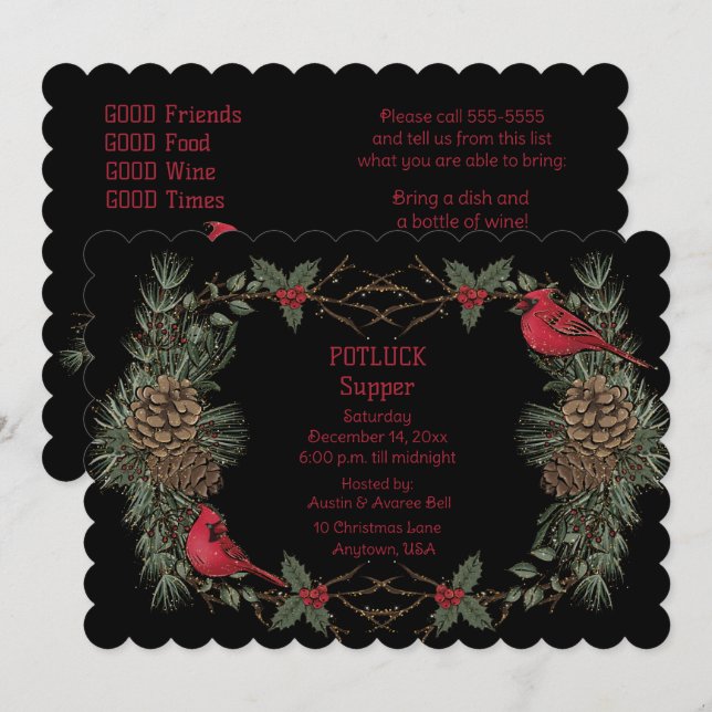 Invitation Couronne de Cardinal Rouge Souper de Noël à potluc (Devant / Derrière)
