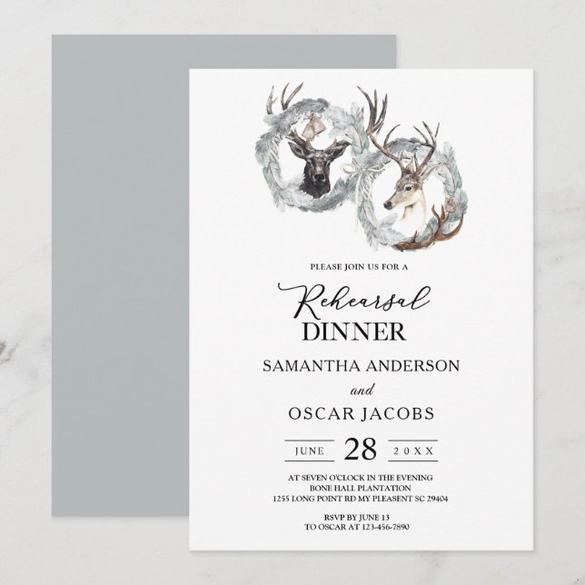 Invitation Couronne de cerf à l'aquarelle hiver argent (Devant / Derrière)