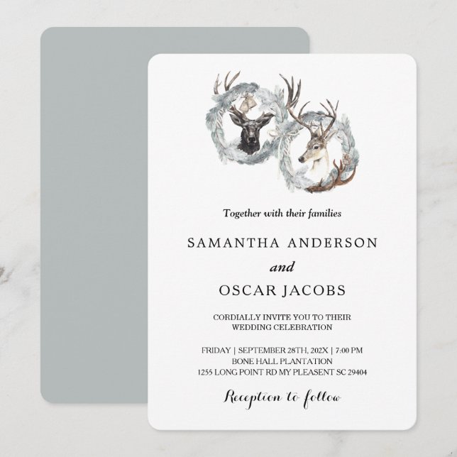 Invitation Couronne de cerf aquarelle hiver argent (Devant / Derrière)