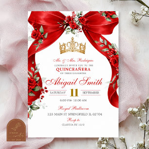 Invitation Couronne de Coquette à Ruban Rouge Fleur Quinceane