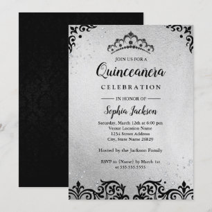 Invitation Couronne de Damas argent noir pour Quinceanera