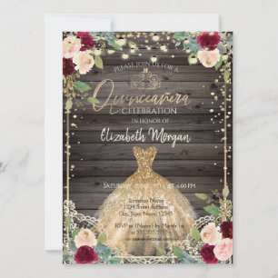 Invitation Couronne de dentelle,Tiare,Robe,Roses Foncé Bois