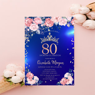 Invitation Couronne de diamants Fleurs Bleues 80 ans Annivers