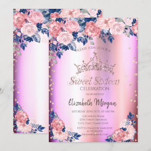 Invitation Couronne de diamants Roses Bleu Rose Douce 16