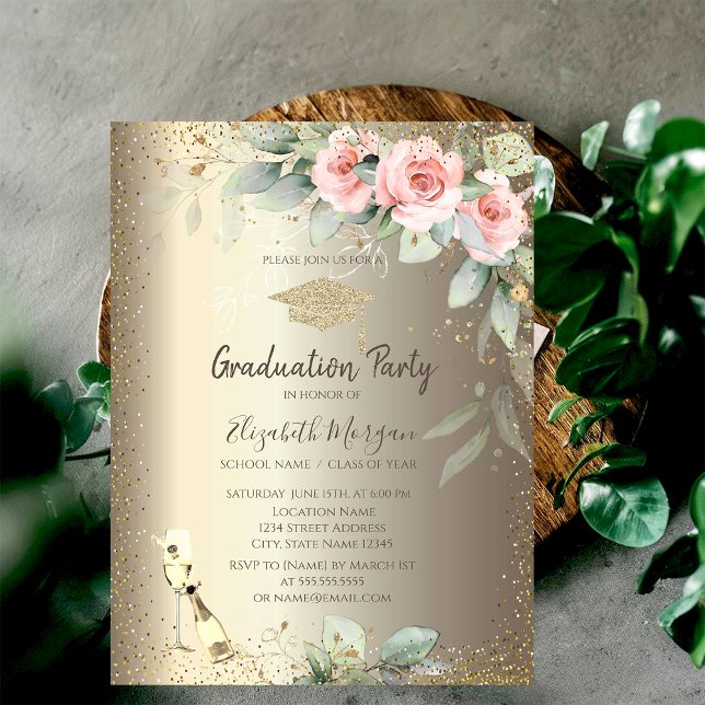 Invitation Couronne de diplômé, Verre à vin, Fleurs Boho Grad (Créateur téléchargé)