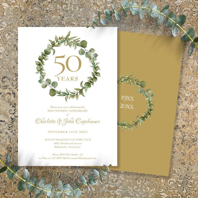 Invitation Couronne de feuillage pour les 50 ans de mariage (50th Golden Wedding Anniversary Greenery Garland Invitation)