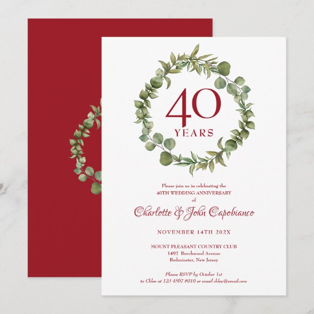 Invitation Couronne de feuillage verdoyant pour le 40e annive (Devant / Derrière)