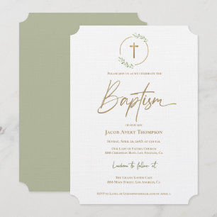 Invitation Couronne de feuilles moderne croix dorée baptême
