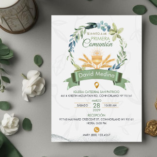 Invitation Couronne de feuilles vertes Première Sainte Commun