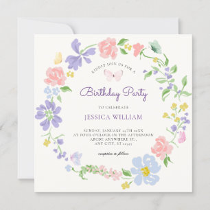 Invitation Couronne de fleur pastel avec papillons